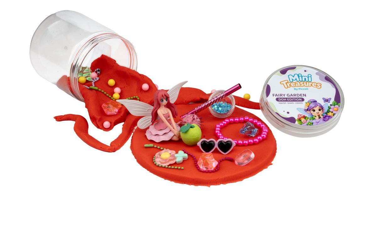 Fairy tub opened: red doh, a fairy figure, beads and flowers
