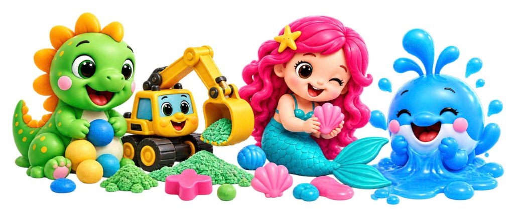 Mini Treasures friends: a little dino with doh balls, a smiling digger scooping green sand, a mermaid holding a shell and a splashy blue slime whale